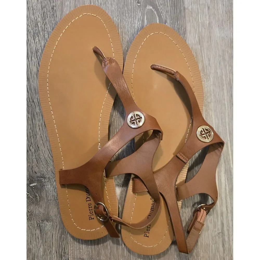Pierre Dumas‎ Sandals Thong Brown Ankle Strap Gold Medallion Accents 9M